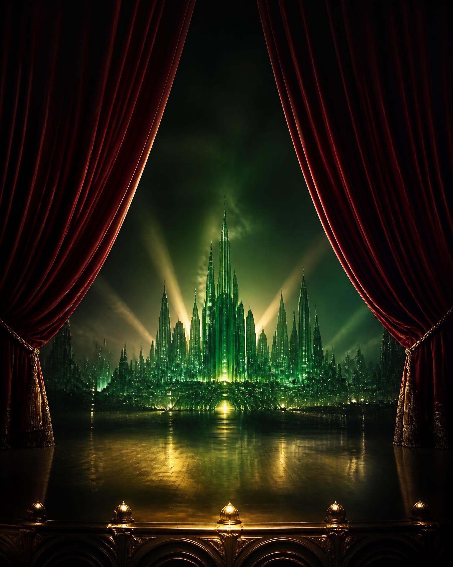 Burgundy velvet theater curtains parting to reveal a glowing Emerald City